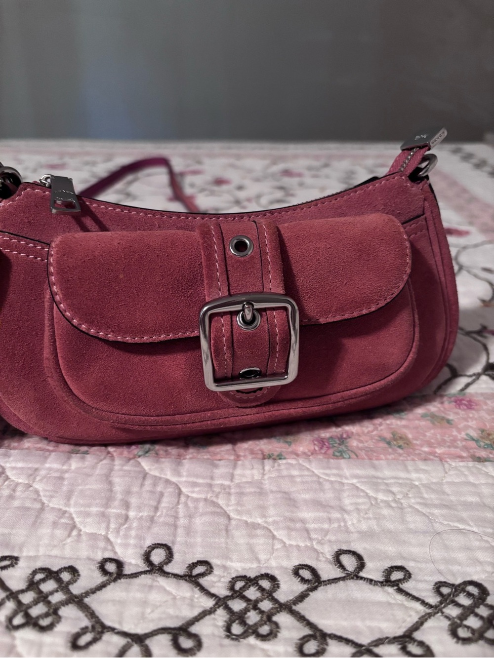 Suede Buckle Shoulder Bag in Dusty Rose